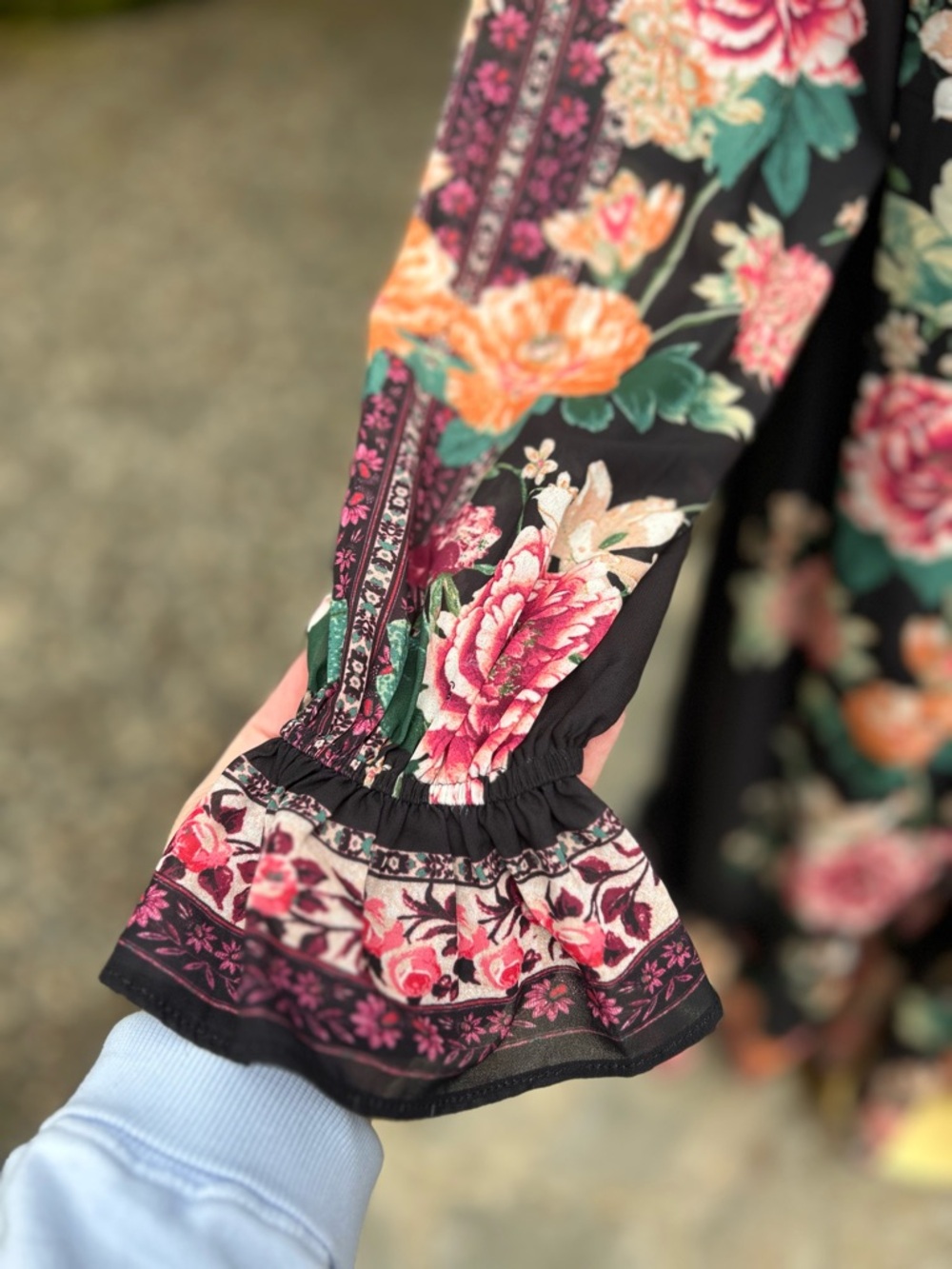 Altar'd State Black Floral V-Neck Maxi Dress with Pink & Peach Roses - Size S - Picture 5 of 8